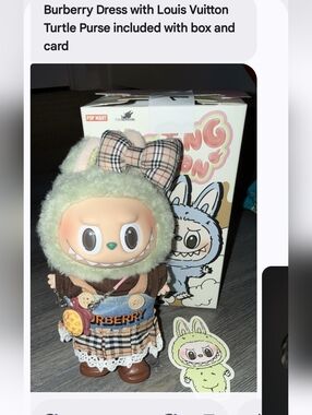 Burberry Plaid-Dress Pop Mart Figure with Green Fuzzy Hood